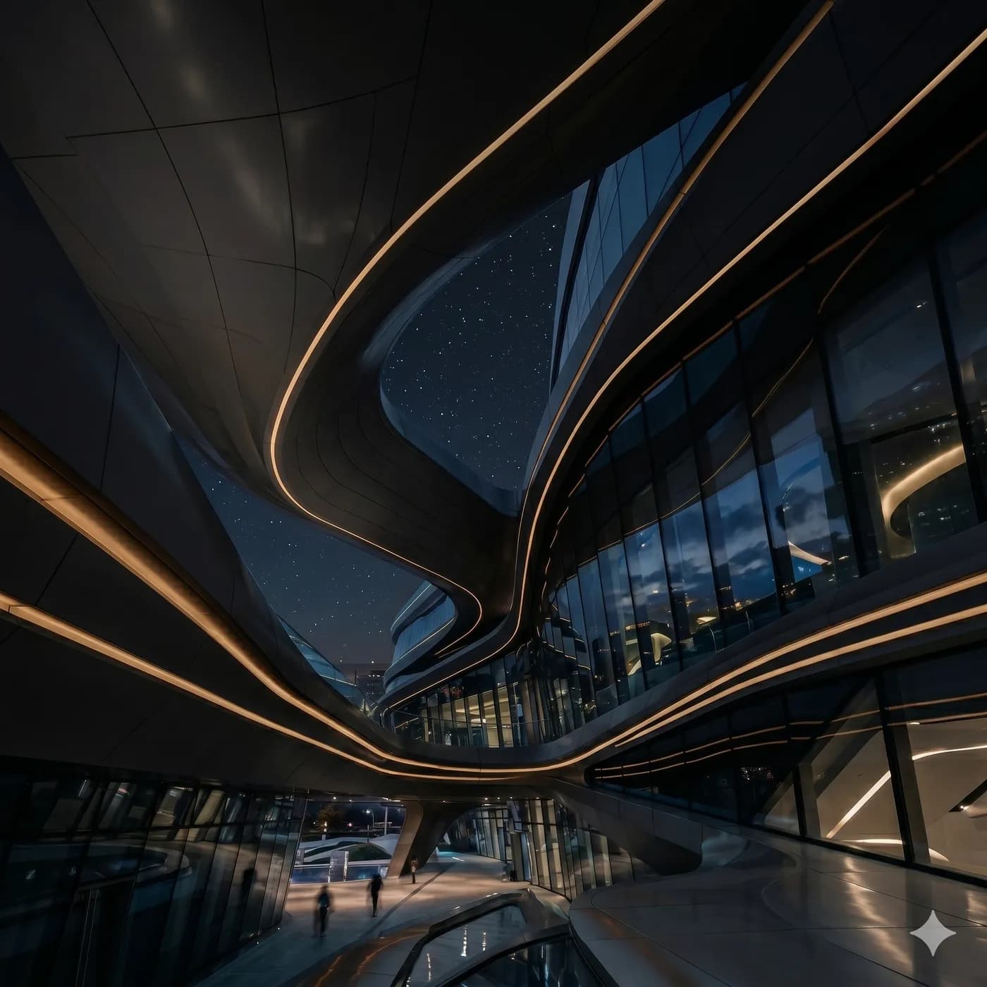 A curved glass and steel building facade traced with illuminated light lines at dusk