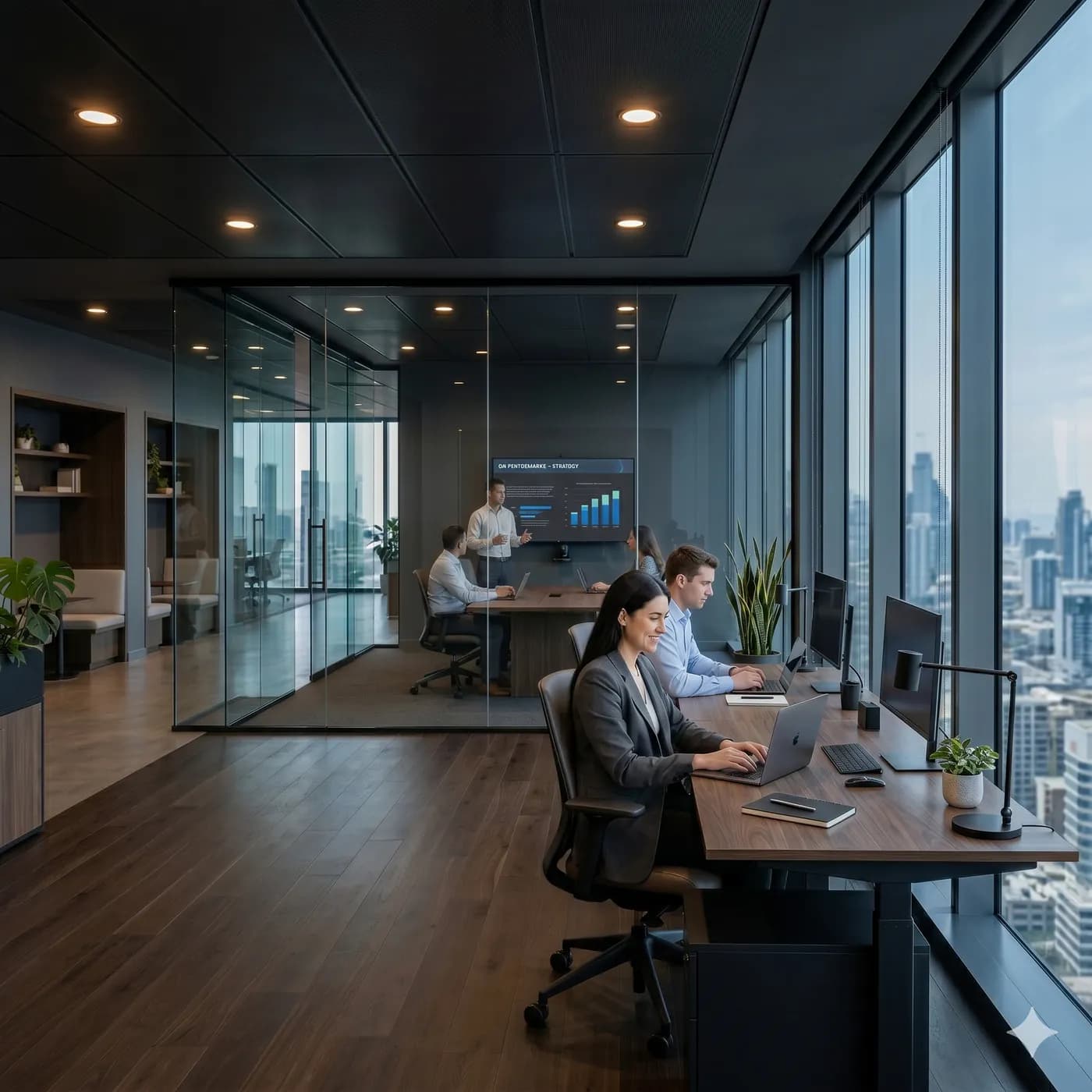 Consultants working at sit-stand desks in an open-plan office with floor-to-ceiling windows overlooking a city skyline