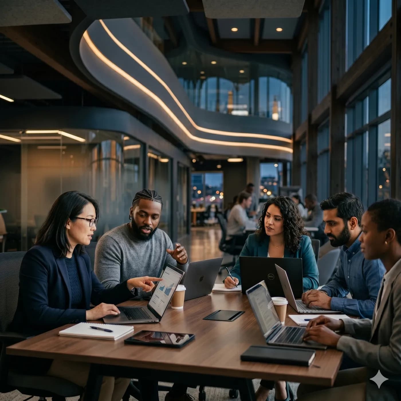 A technology team reviewing analytics dashboards on laptops around a shared table in an open collaboration space